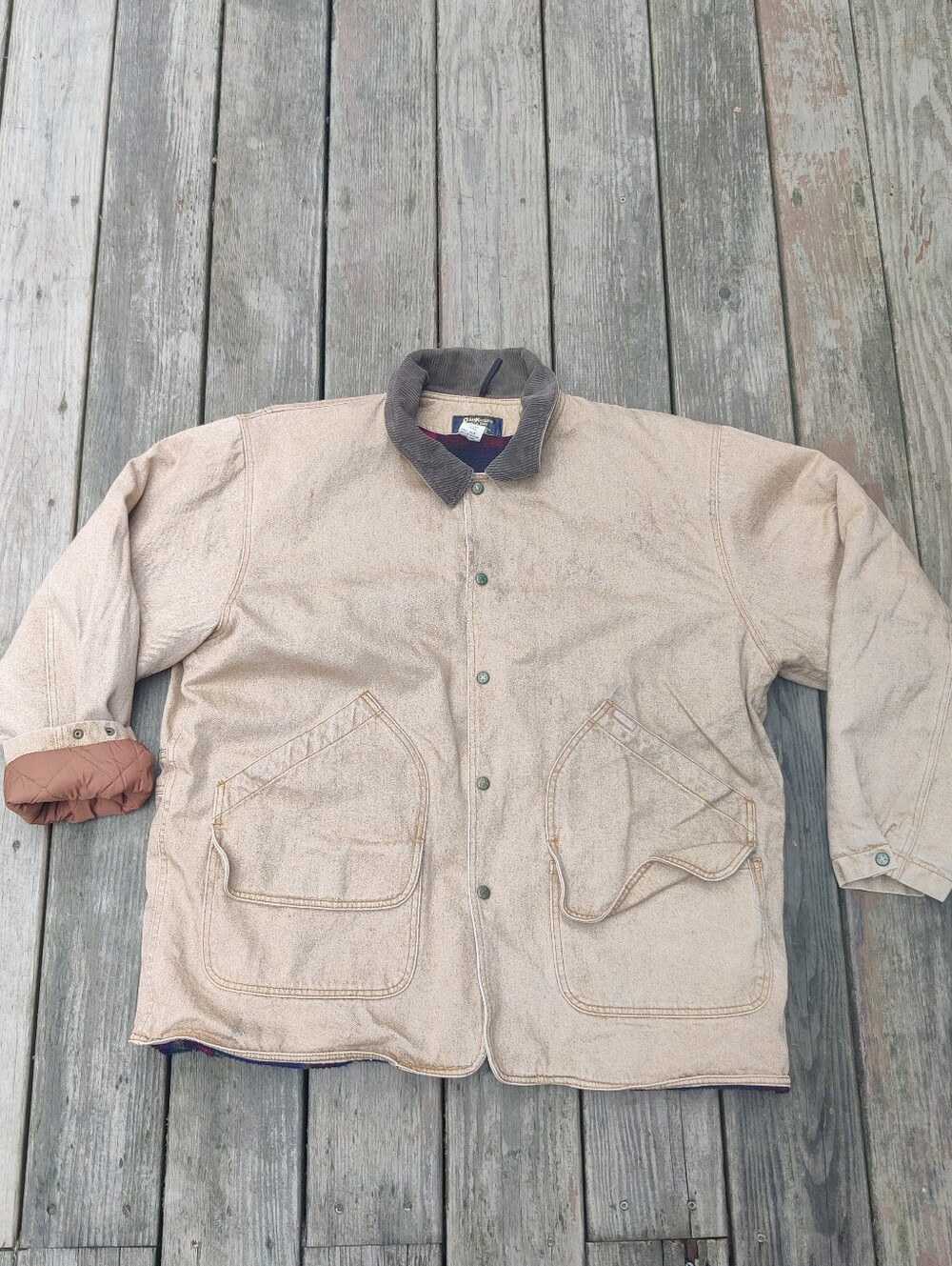 VTG Oshkosh B'Gosh Chore Coat Men's XL Blanket Lined Corduroy Collar Tan READ